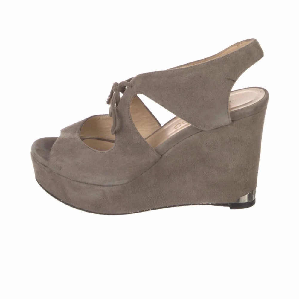 Jimmy Choo Suede Taupe Wedge Sandals Sz 38.5